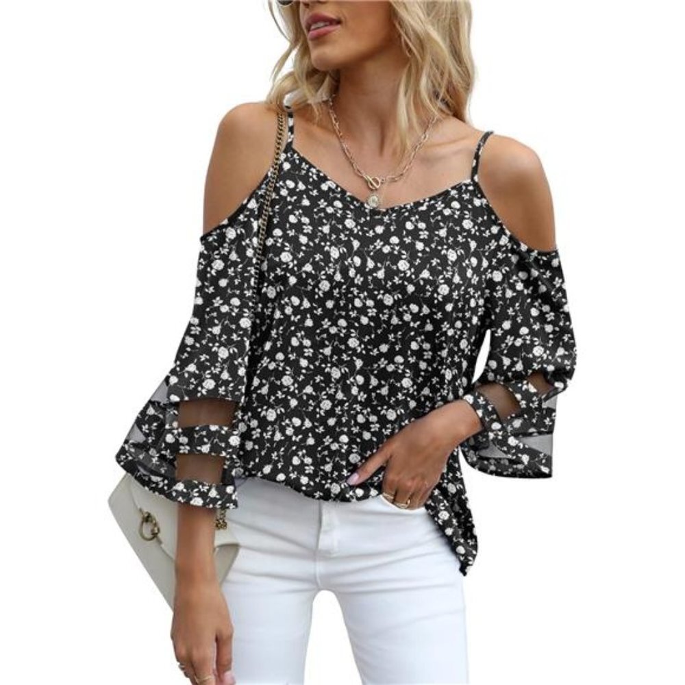 Floral Rose Printed Mesh Panel 3/4 Bell Sleeve Off Shoulder‎ Flowy Top Blouse